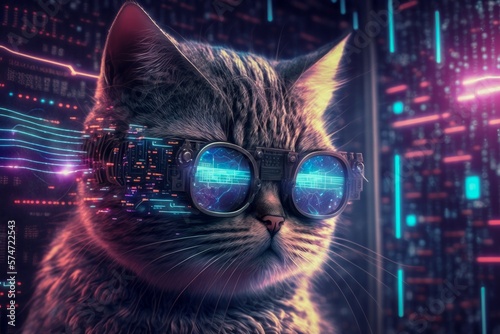 Adorable cat cyber crypto digital hacker coder in cyberspace wearing virtual reality VR goggles