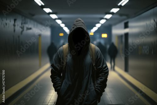 a unknown adult male wearing a hooded jacket, fictional place and person. Generative AI
