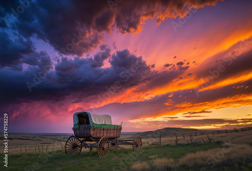 A horse and wagon on a trail in the old West. Cowboy movie. 