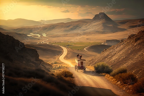A horse and wagon on a trail in the old West. Sunset scene in cowboy movie. Great for stories of the Wild West, pioneers, vintage America and more.