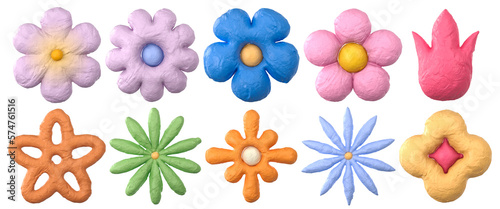 3D rendering illustration. Set of groovy clay flower. Sticker with plasticine effect. 