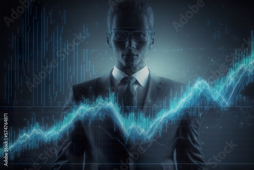 Abstract Illustration zum Thema Chart, Finanzen und Börse. Cyber-Charts mit holografischem Bildschirm. Mysteriöser Businessmann als Geist oder Robotersoftware APP als Banker - KI generiert