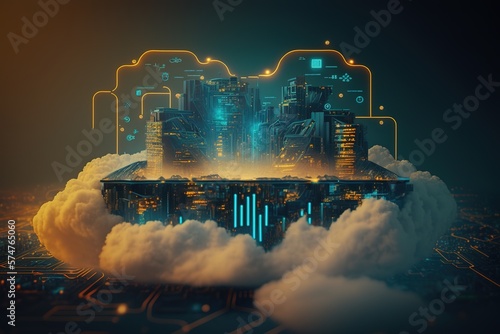 Illustration zum Speichern von Daten in der Cloud. Sicherung von Daten im Cloudspeicher. Vernetzung einer Stadt im Datenaustausch. Apps und Software in der Cloud ausführen und anwenden. KI - generiert