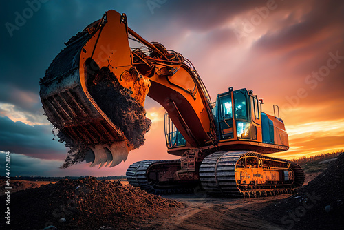 Excavator in open-pit mining. Biggest electrical excavator in opencast mine on sunset. Excavaon earthmoving. Construction machinery and equipment on earthworks, Ai Generative illustration.