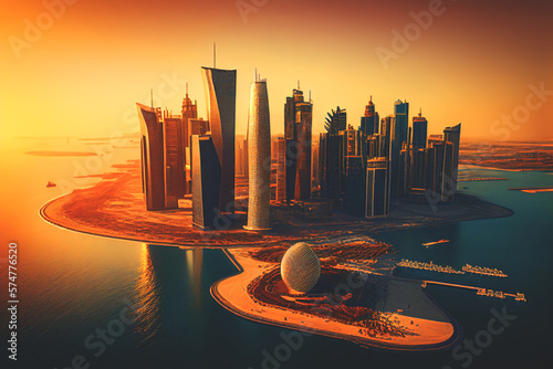 Doha, qatar on sunset, aerial view. Qatar skyline sunset. Cityscape with skyscrapers buildings. Modern arab urban architecture in Qatar. Ai generative illustration.