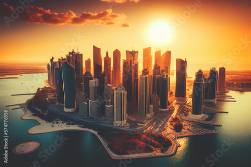 Doha, qatar on sunset, aerial view. Qatar skyline sunset. Cityscape with skyscrapers buildings. Modern arab urban architecture in Qatar. Ai generative illustration.