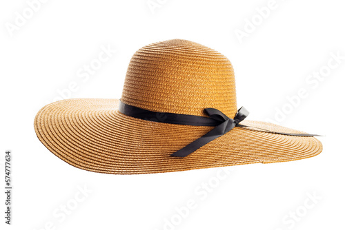 Womens summer yellow straw hat with black ribbon on white background