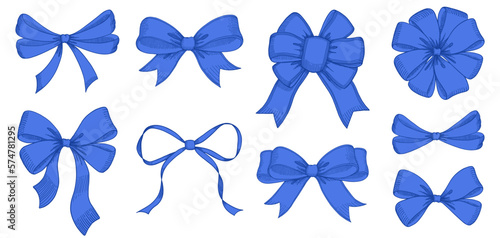 Vintage style decorated long blue bow and ribbon. Hand drawn vintage line art vector illustration.