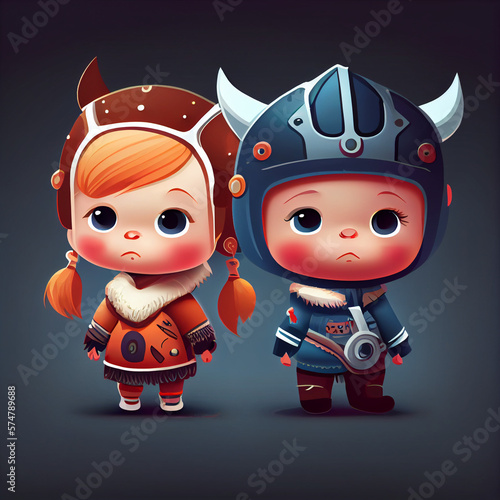 cute children in Viking and astronaut costume, cartoon style, generative ai
