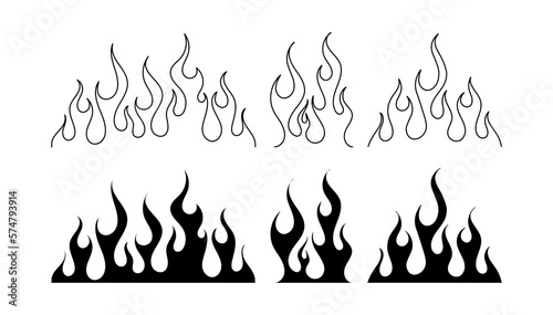 Classic silhouette flame. Black fire set isolated on white background. Old school tattoo neo-tribal style or silhouette flame for cars. Minimalistic stylish fire outline and filled contour. Vector set