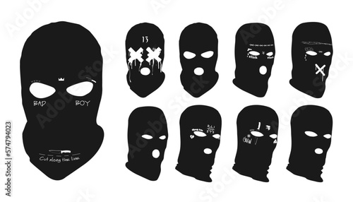Gangster masks with images and inscriptions, stylish balaclavas with patterns in the form of gangster tattoos, stylish gangster masks from different angles (straight, side, perspective). Vector gang