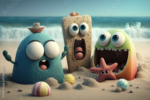Funny squishy rubber cartoon characters as a family at the beach, generative ai illustration