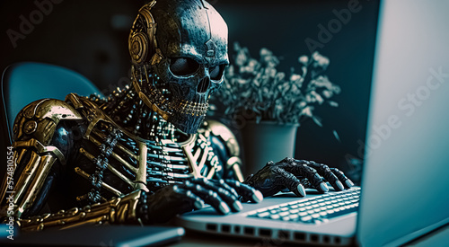The robot behind the computer is editing its programming code. Chat with AI or Artificial Intelligence Smart AI. artificial intelligence brain, processor. digital ai art