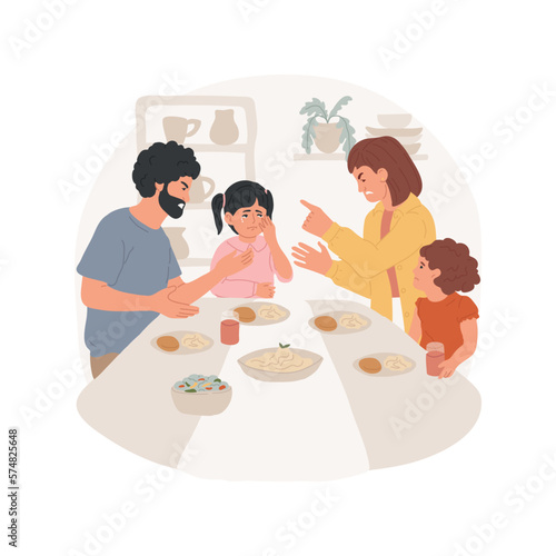 Bickering isolated cartoon vector illustration. Angry parents quarrel at the table with kids, unhappy childhood, unhealthy lifestyle, family bad habits, arguing people vector cartoon.