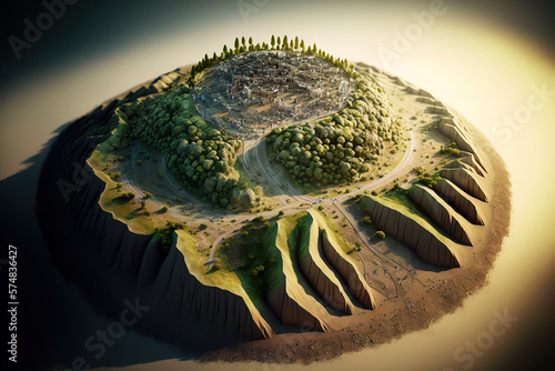 model of digital elevation. GIS created after processing drone taken aerial photos. The image displays a huge opencast mine encircled by trees and several dispersed communities. Generative AI