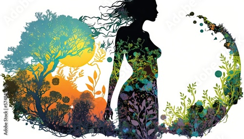 Nature, early woman, silhouette, beautiful lady, one with the world, gaia - generative ai