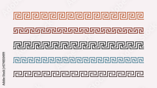 Greek key ornaments collection. Colored meander pattern set. Repeating geometric meandros motif. Greek fret design. Ancient decorative border. Vector decoration