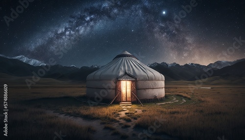 Traditional mongolian yurt on the fields at night with the milky way. Generative AI