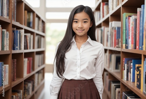 Asian student or schoolgirl in library. Generative AI