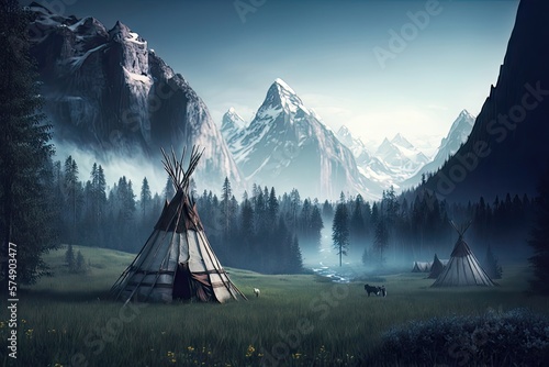 AI generated Native Indian reservation, traditional dwelling