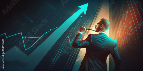 A successful businessman, is pointing to a graph that represents his company's promising future. He is confident that with the right strategy and hard work, business will be successful. generative ai.