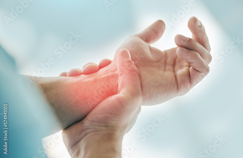 Hands, fitness injury and wrist pain after accident, workout or training exercise. Sports, health and athlete man with fibromyalgia, inflammation or painful arthritis, tendinitis or carpal tunnel.