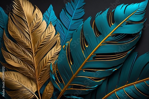 Turquoise Golden Leaves Feathers Background Generative AI