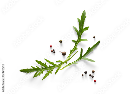 Collection of fresh herb leaves. arugula Spices, herbs on a white table. PNG Food background design element with transparent shadow on transparent background.