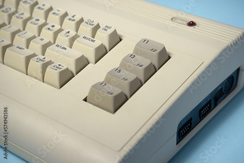 Retro computer from the 1980s close view of keys and ports