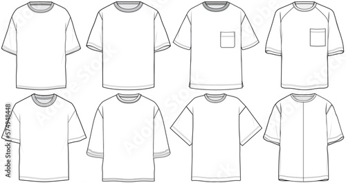 oversized t shirt unisex short sleeve drop shoulder crew neck plain white t shirt flat sketch vector technical cad drawing template