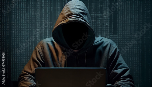 Anonymous hacker without face typing computer laptop. Concept of hacking cybersecurity, cybercrime, cyberattack, etc.