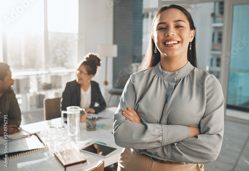 Portrait of proud business woman in office management, company face and happy for career opportunity and leadership. Professional worker or person workflow agenda, mission and job integrity