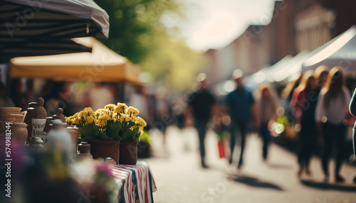 Abstract street fair blurred background, outdoor backdrop with copy space. AI generative image.