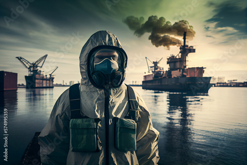 A man in a biosecurity suit in the port against the background of cranes, ships and cargo containers. Toxic chemical, bacteriological and radioactive substances. Transportation