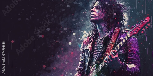 A rock guitarist performs music in the rain, Generative AI