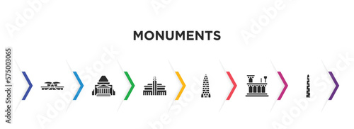 monuments filled icons with infographic template. glyph icons such as dpr/mpr building, shrine of remembrance, hassan mosque, amritsar, roman theatre of merida, walled obelisk vector.