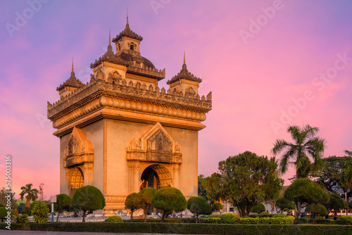 Beautiful sky sunset of Landmark The Ancient Patuxai or Patuxay is a war monument in the centre of Vientiane, Laos
