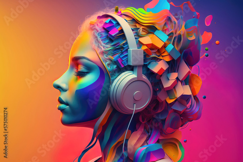 girl with headphones, abstract colorful illustration, generative ai