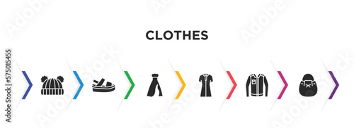 clothes filled icons with infographic template. glyph icons such as knit hat with pom pom, platform sandals, long bandeau dress, lyocell shirt dress, denim jacket, bucket bag vector.