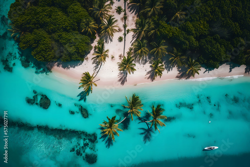 Maldives island beach. Tropical landscape of summer scenery, white sand with palm trees. Neural network AI generated art