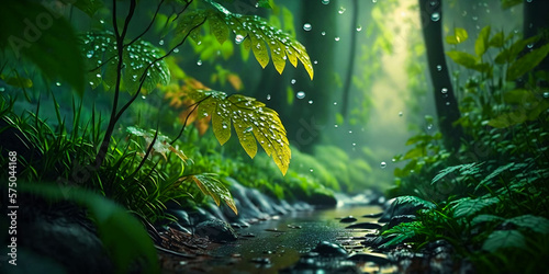 Rain falls in the forest. Shot from below on trees and leaves. Raindrops run down the plants. Horizontal illustration. Sunny day, warm light. Seasonal background mood. Spring or summer. Generative AI.