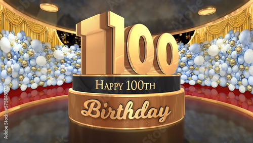 100th Birthday backdrop, poster, flyer 3d render illustration in gold with balloons and fireworks background