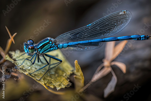 closeup of a blue tail dragonfly on a green leaf. Generative AI