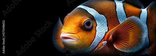 Bright orange clownfish on black background. Close up image of a clown fish head and eyes, created with generative ai. 