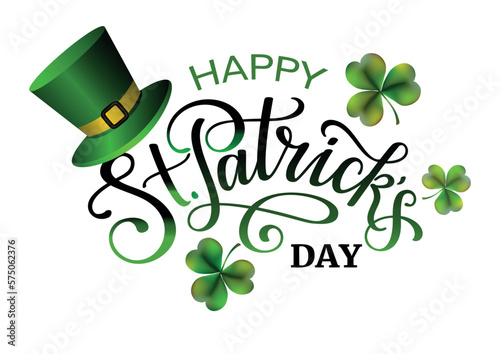 Happy Saint Patricks day festive banner with lettering, clover leaves and green hat.