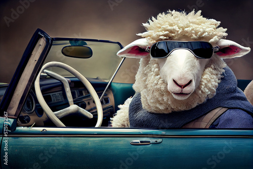 Portrait of a stylish driver sheep driving a car. AI generated