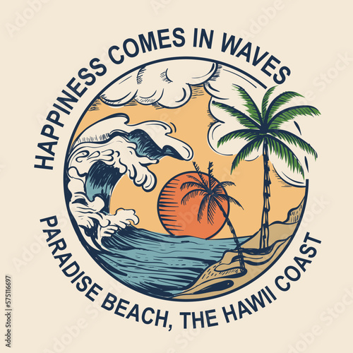 summer beach text with a waves illustration, for t-shirt prints, posters. Summer Beach Vector illustration