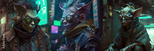 Steampunk Cybernetic Goblin. Cyberpunk Goblin Inventor with Laser Goggles, Set / Pack of 4. [Sci-Fi, Fantasy, Historic, Horror Creature. Graphic Novel, Video Game, Anime, Comic, Manga Animal Monster.]