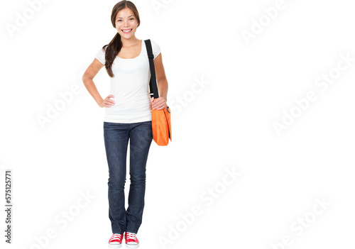 College university student woman. Happy smiling adult female student standing in full body length isolated in transparent PNG. Beautiful young multiracial Asian Chinese / Caucasian girl in her 20s.