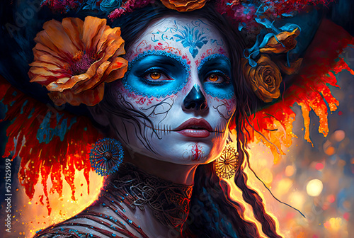 Day of the Dead woman portrait, skull face paint. Generative AI
